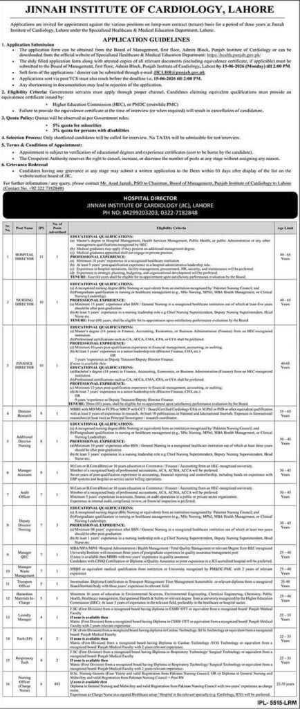  Jinnah Institute of Cardiology Jobs 2026 Advertisement